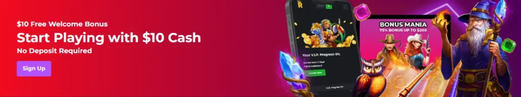 A promotional banner featuring a $10 no-deposit welcome bonus for new casino players.